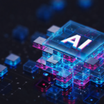 Futuristic 3D AI chip concept with glowing interconnected cubes representing artificial intelligence, machine learning, and data processing technology.