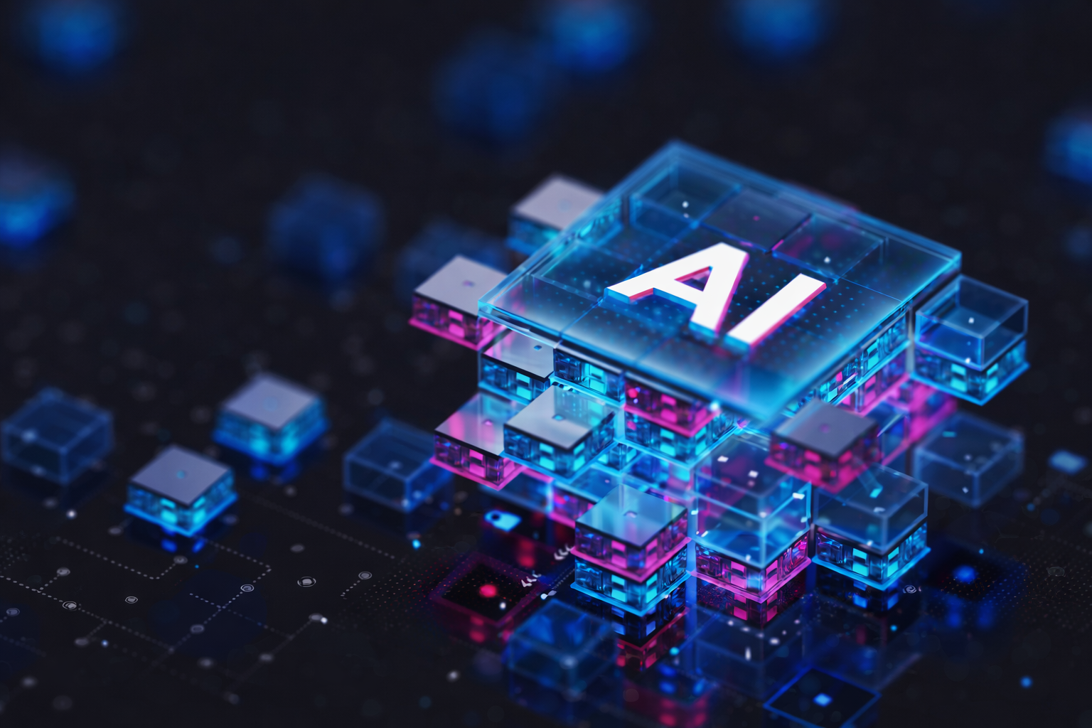 Futuristic 3D AI chip concept with glowing interconnected cubes representing artificial intelligence, machine learning, and data processing technology.
