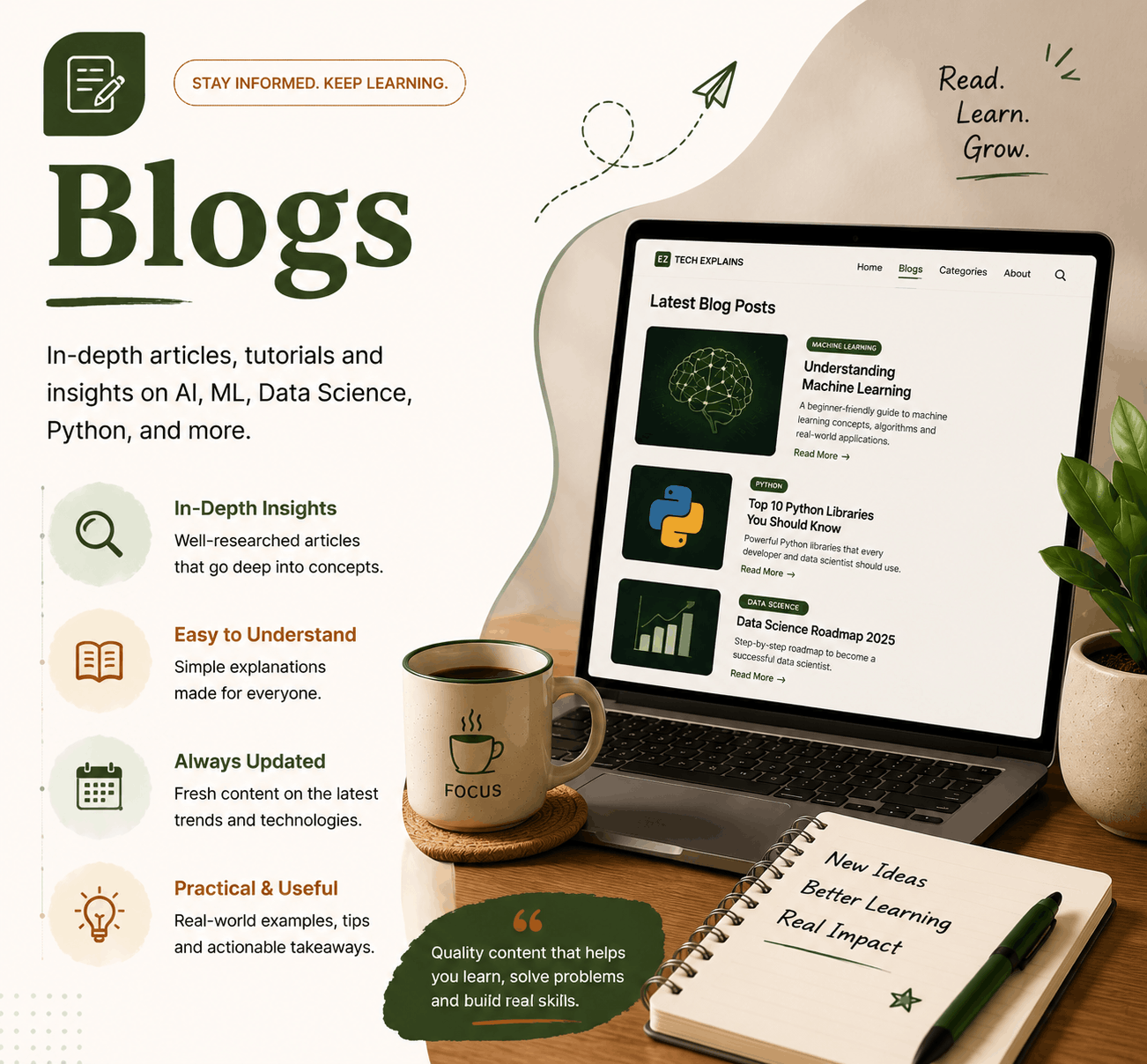 Blogs section banner featuring AI, Machine Learning, Data Science, and programming articles on a modern laptop workspace.