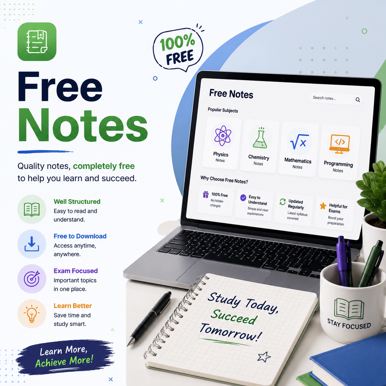 Free notes resource banner featuring study materials, programming, science, and educational notes available for students.